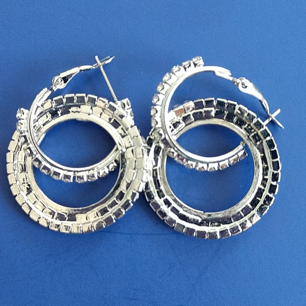 New Rhinestone Double Hoop Dangle Earrings - Picture 6 of 9